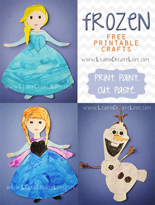 four frozen princess paper crafts with the words print, paint, cut pastel on them