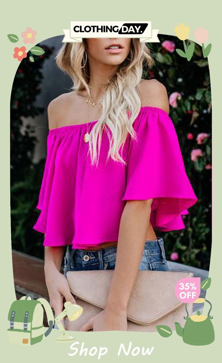 Off Shoulder Ruffles Casual Blouse Top Off-shoulder Tops With Ruffle Hem For Summer, Off-shoulder Top With Ruffle Hem For Summer, Summer Off-shoulder Top With Ruffle Hem, Solid Color Ruffled Tops For Summer, Solid Ruffled Tops For Summer, Solid Tops With Ruffles For Summer, Cropped Ruffle Hem Top For Day Out, Casual Off-shoulder Blouse With Ruffles, Spring Off-shoulder Ruffled Top