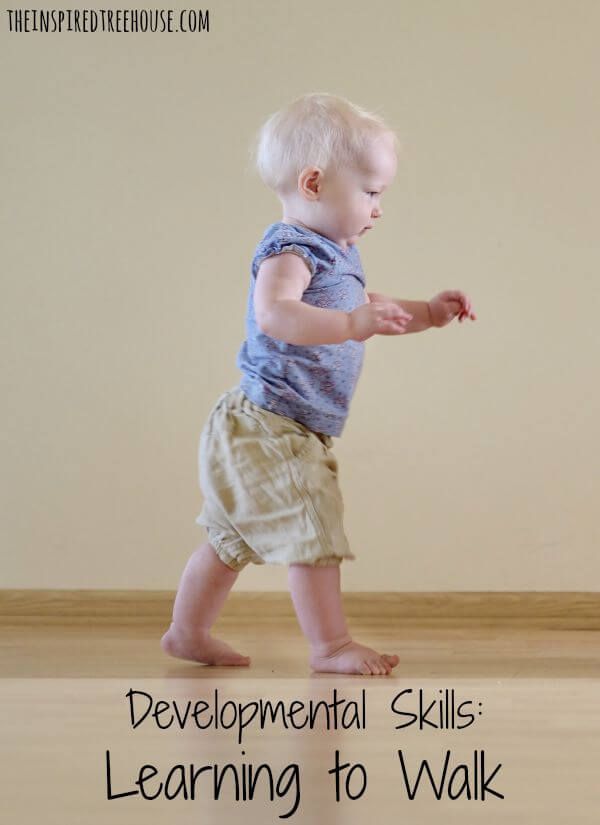 a baby walking on the floor with text overlay that reads developmental skills learning to walk