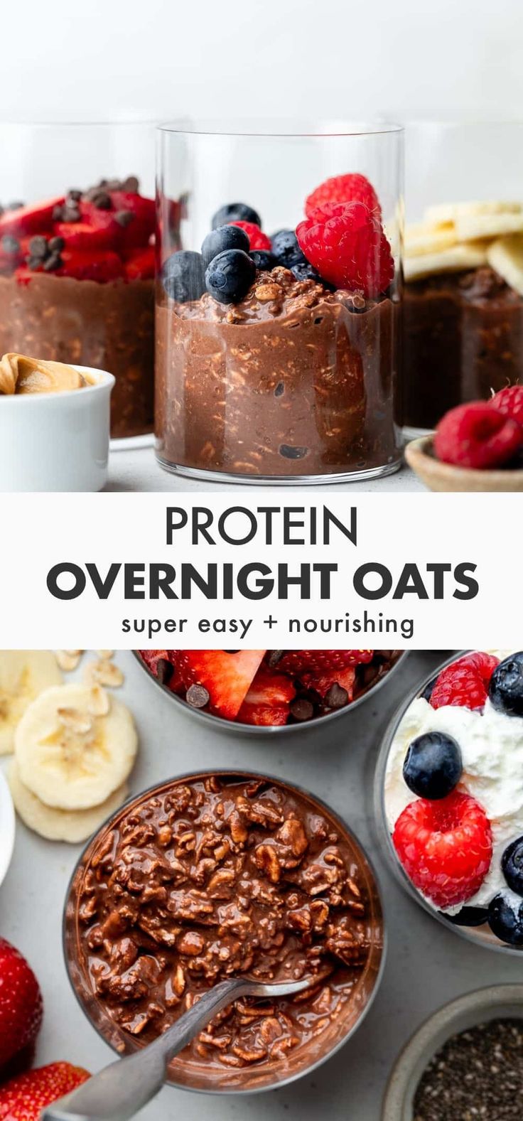 an image of desserts with the words protein overnight oats above it and below