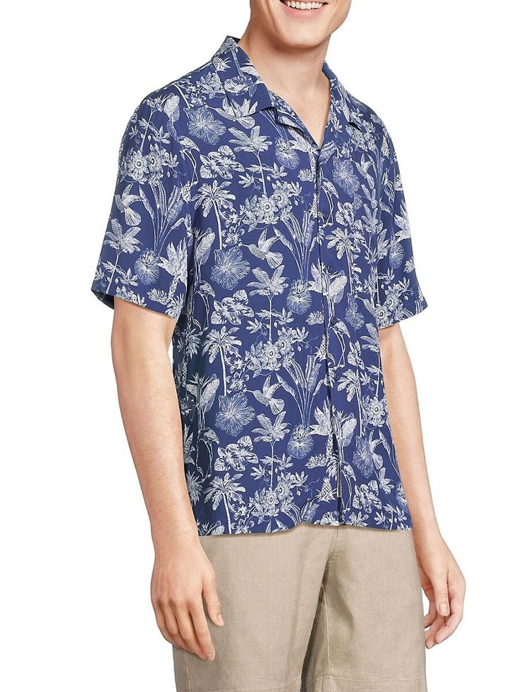 A Graphic Tropic-Inspired Motif Offers Vacation Vibes On This Onia Camp Shirt, Complete With A Chest Patch Pocket And A Button-Front Closure. Camp Collar Short Sleeves Button-Front Closure Chest Patch Pocket 100% Viscose Machine Wash Imported. Men's - M Classic Sportswear > Saks Off 5th. Onia. Color: True Navy. Size: L. Short Sleeve Camp Shirt With Buttons For Vacation, Summer Tops With Camp Collar And Buttons, Relaxed Fit Camp Shirt With Button Closure For Vacation, Beach Tops With Spread Collar And Button Closure, Vacation Camp Collar Shirt With Buttons, Relaxed Fit Collared Hawaiian Shirt With Buttons, Vacation Camp Shirt With Buttons And Camp Collar, Collared Hawaiian Shirt With Buttons And Relaxed Fit, Vacation Camp Shirt With Buttons