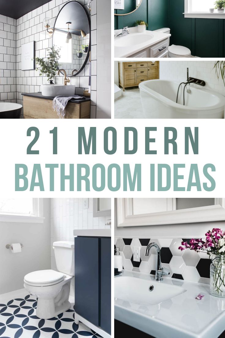 bathroom decor ideas with the words 21 modern bathroom ideas in green, white and black