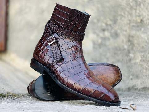 Elegant Handmade Men's Brown Alligator Textured Leather jodhpur Boots, Men Fashion Dress Ankle Boots sold by The Leather Souq on Storenvy Luxury Men's Ankle Boots With Brogue Detailing, Men's Luxury High-top Desert Boots, Luxury Men's Desert Boots With Leather Lining, Luxury Men's Alligator Leather Shoes With Textured Sole, Luxury Men's Snip Toe Heeled Boots, Luxury Men's Boots With Round Toe, Luxury Men's Calf Leather Heeled Boots, Luxury Men's Formal Desert Boots, Luxury Elegant Men's Ankle Boots