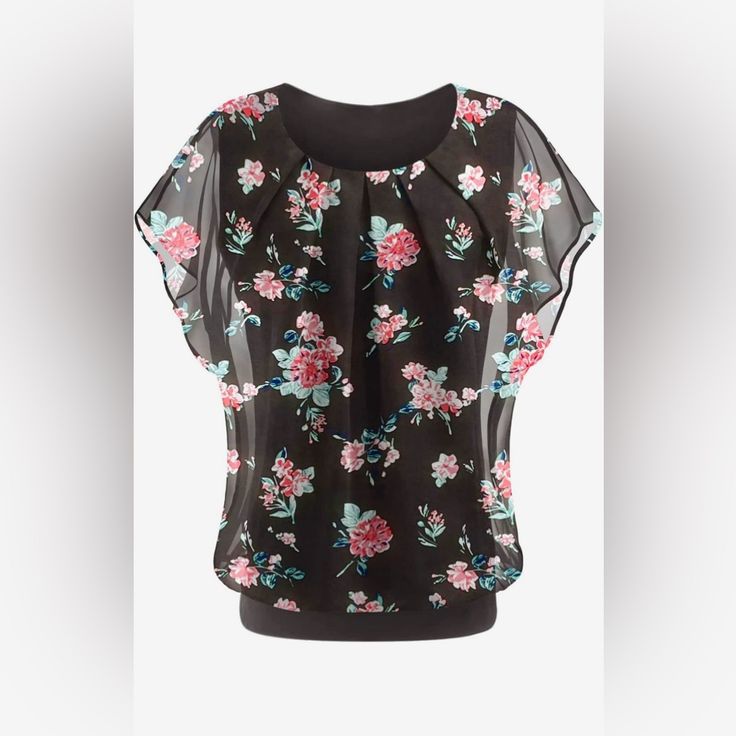 Nwt New With Tags! Jinkesi Size Large Pink Floral Against Black Batwing Short Sleeve Chiffon Overlay Top T-Shirt Blouse Elastic Waistband Casual Floral Print Chiffon Tops, Casual Chiffon Tops With Floral Print, Black Chiffon Tops For Spring, Black Floral Print Chiffon Blouse, Black Chiffon Blouse With Floral Print, Black Chiffon Blouse For Summer, Chic Chiffon Top With Floral Print, Casual Pink Chiffon Blouse, Casual Black Chiffon Top