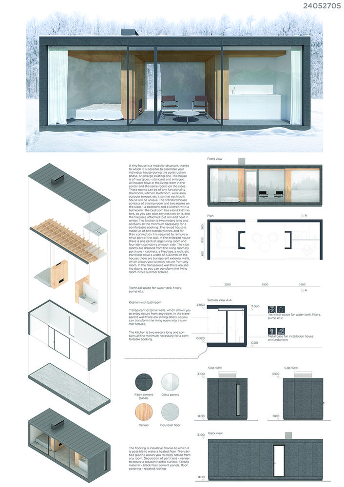 an architectural diagram shows the interior and exterior of a modern home in wintertime, with snow on the ground