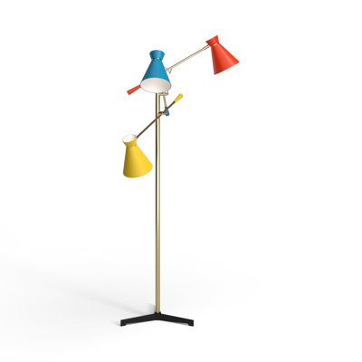 a floor lamp with three different colored lamps on the top and one light on the bottom