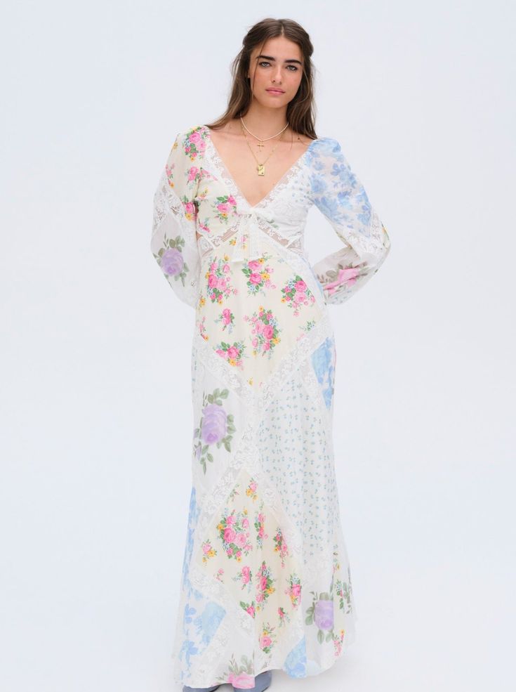 Violette Maxi Dress — Multi Floral Long Sleeve Dress, Senior Prom, Pink Maxi, Lace Trims, Pretty Clothes, Lace Bows, Long Sleeve Floral Dress, 2023 Fashion, Pink Maxi Dress