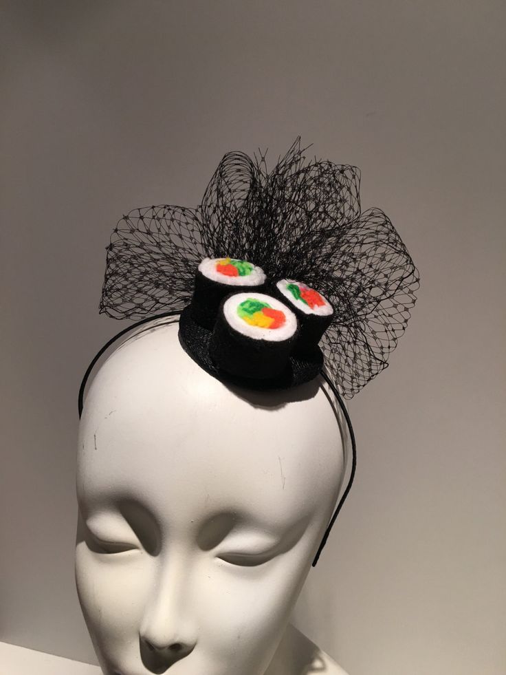 Sushi Fascinator- Sushi headpiece- I love Sushi -Kentucky derby- Derby days- Halloween- Mad hatter headpiece -Polo - Food -Foodie- Mad Hatter Party Hello, This fascinator has three felt California rolls and a bird cage net puff ...It's perfect for a sushi lover and makes a great conversion piece. It's placed in a 1/8inch satin covered headband that's adjustable and very comfortable. ----------------------------------------------------------------- I ship US Postal Service. USA DOMESTIC CHOICES ( Harajuku Style Adjustable Costume Accessories For Halloween, Themed Party Headband Costume Hats, Fun Headband Costume Accessories For Party, Fun Party Headband Costume Accessories, Fun Party Costume Accessories: Headband, Fun Party Costume Accessories Headband, Themed Party Costume Headband, Funky Adjustable Party Hats, Adjustable Novelty Costume Hats For Parties