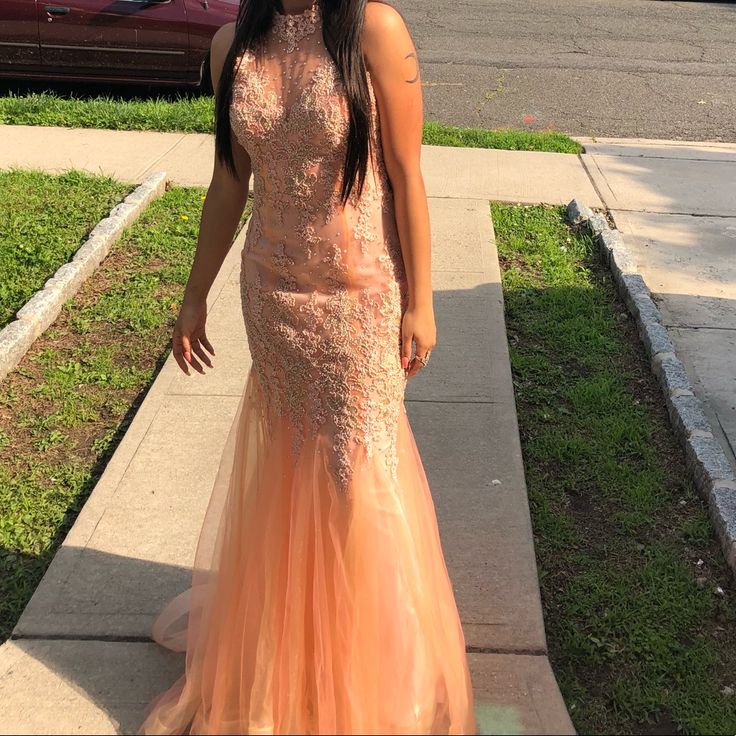 It’s A Beautiful Peachy Colored Dress, With Beautiful Gems And Sparkles And Details All Over , But The Neck And Back Part Are My Favorite! I Zoomed In To Show You Guys. :) Peach Dress, Colorful Dresses, My Favorite, Prom Dresses, Size 4, Prom, Gems, Sparkle, Womens Sizes