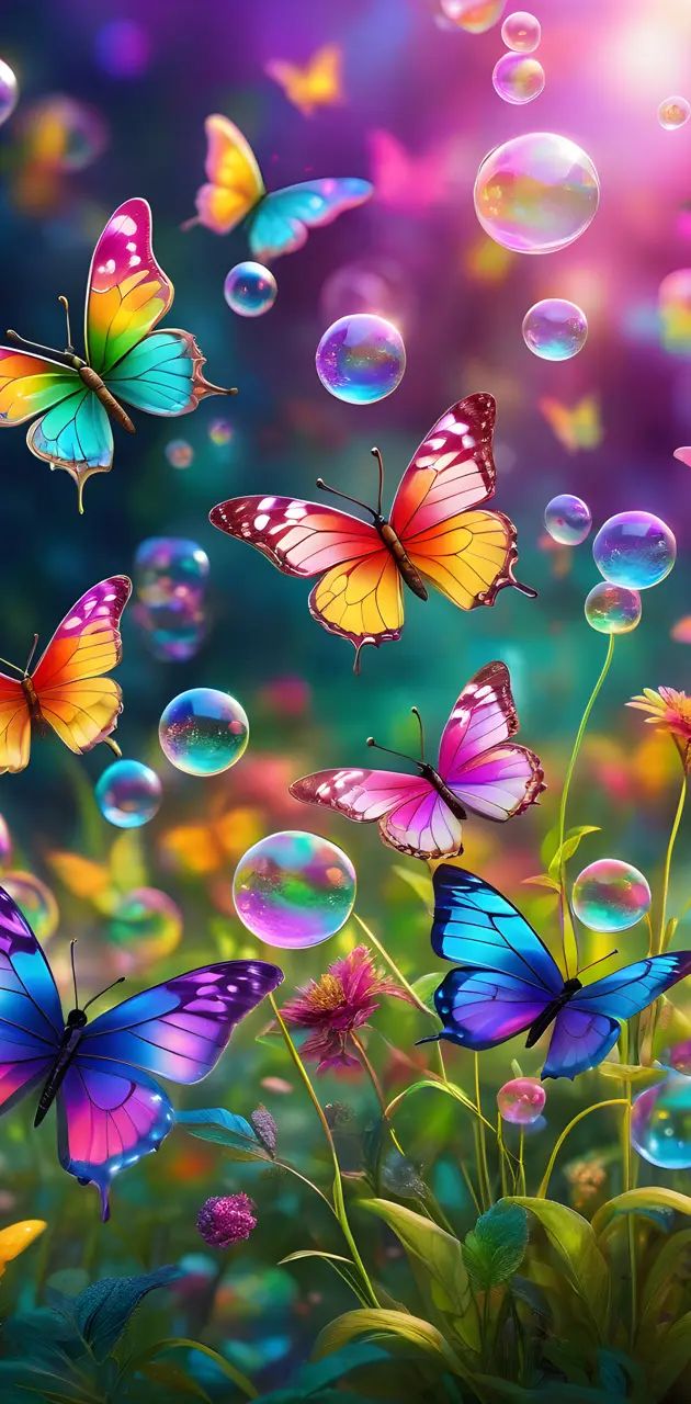 colorful butterflies flying in the air with bubbles