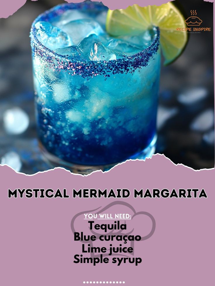 a blue cocktail with lemon wedges on the rim and text that reads, mystic mermaid margarita