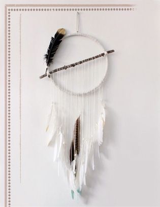 a white dream catcher with feathers hanging from it's side and the words back on top