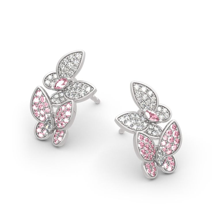 The perfect everyday earring for any butterfly lover, shine and sparkle in these classic studs. Crafted in sterling silver, the earring is the perfect reminder to be free and adventurous like a butterfly, take some time to enjoy life. Each butterfly earring is a must have for anyone wanting to add a sparkle to their outfit!Carat Weight: 1.2 ctStone Size: 1.5*3,1.2,1,0.8,1.2,1,0.8,3*1.5 mmNumber of Stones: 132 Stone Shape: Marquise, RoundStone Color: Diamond White, Fancy PinkWeight: 2.93 gWidth: White Gold Butterfly Charm Earrings, White Gold Butterfly Earrings With Charm, Sterling Silver Butterfly Charm Earrings, Butterfly White Gold Earrings For Gift, Silver Dainty Butterfly Earrings, Butterfly Shaped White Gold Earrings For Gift, Dainty Silver Butterfly Earrings, White Gold Butterfly Earrings For Pierced Ears, Hypoallergenic Sterling Silver Butterfly Earrings