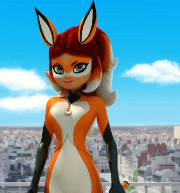 the animated fox girl is standing in front of a cityscape