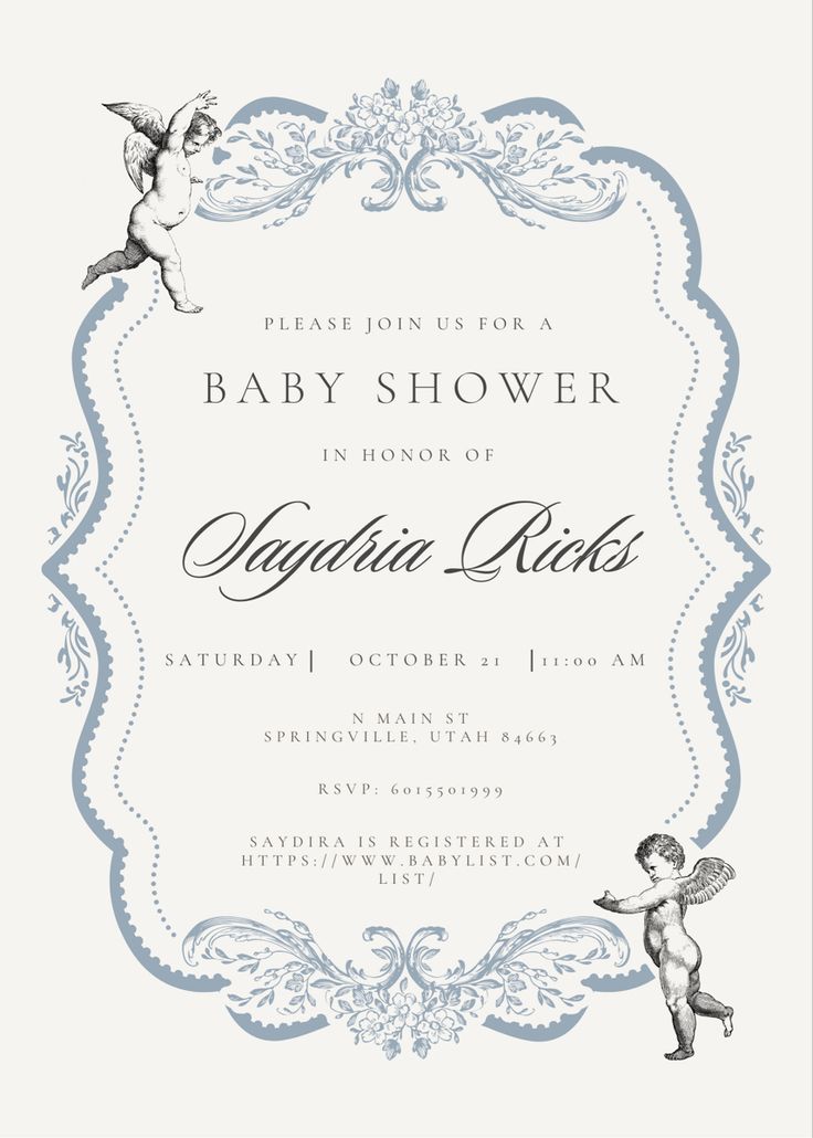 a baby shower is shown with an angel on the front and back of it's card