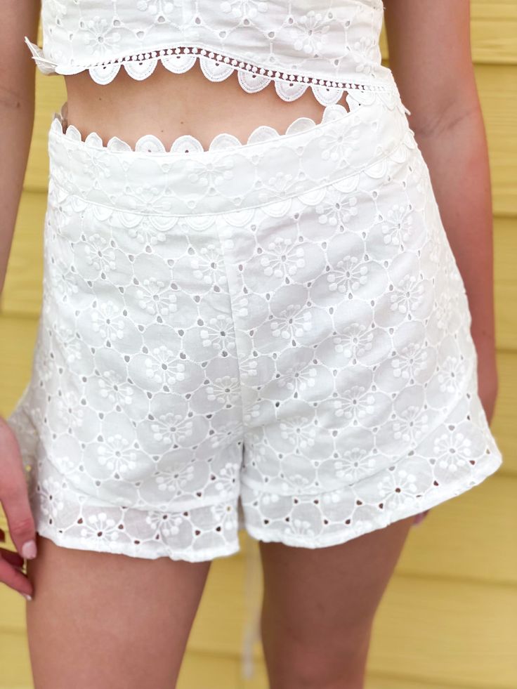 Embroidery Eyelet Shorts - Shop Amour Boutique Spring Cotton Bottoms With Broderie Anglaise, White Bottoms With Cutwork Hem For Summer, Summer Lace Trim Shorts, Lace Trim Summer Shorts, White Bottoms With Cutwork Hem For Spring, Spring Cotton Shorts With Lace Trim, Spring Shorts With Lace Trim, White Lace Trim Bottoms For Summer, Casual Broderie Anglaise Bottoms For Spring