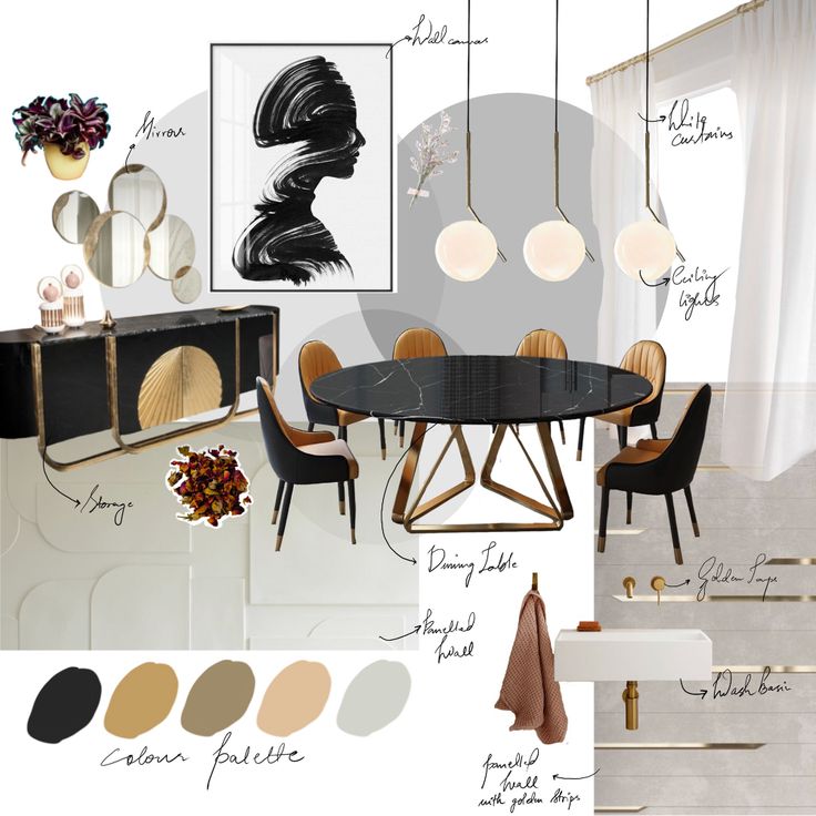 an interior design board with neutrals, gold and black colors in the dining room