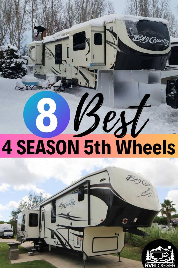 an rv parked in the snow with text overlay that reads 8 best season 5th wheels