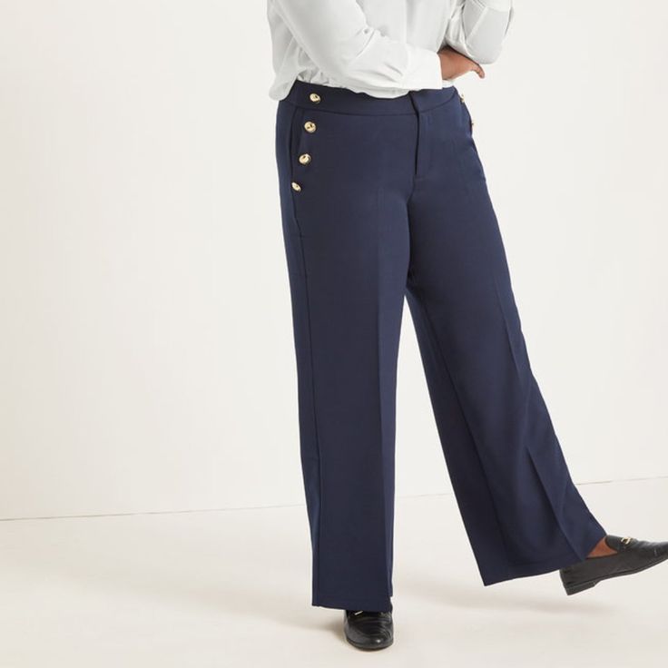 Brand New Navy With Gold Buttons Mid-Rise Contour Waistband Zipper Fly Closure Side Pockets Straight From Hip To Thigh Wide Leg Slight Stretch Woven Double Cloth Fabric Inseam Is 31 1/2" 92% Polyester, 8% Spandex 1158801 Blue Button-up Work Pants, Blue Button-up Bottoms For Work, Formal Button-up Bottoms, Chic Button-up Bottoms For Formal Occasions, Chic Button-up Workwear Pants, Chic Button-up Formal Bottoms, Chic Button-up Pants For Workwear, Chic Office Wear Bottoms With Button Closure, Chic Bottoms With Button Closure For Office Wear