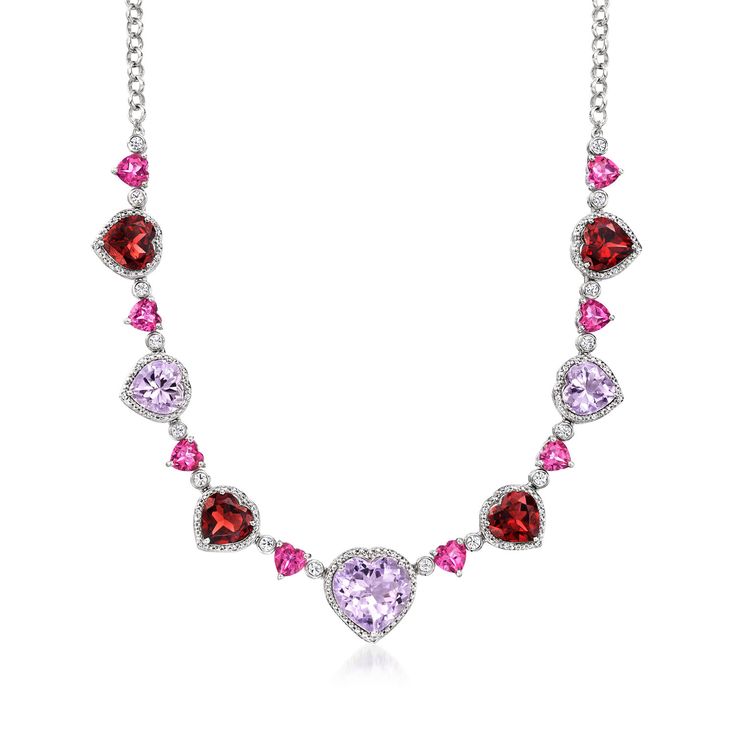 Ross-Simons - 26.70ct t. w. Multi-Gemstone Heart Necklace in Silver. 18". Bursting with candy-colored jewels, this necklace is an elaborate love letter to high fashion. A generous total of 26.70 ct. tot. gem wt. heart-shaped amethysts, pink topaz, garnets and round white topaz drape the neckline, creating a romantic array of hues you'll be in awe of forever. It's sure to stun as a surprise gift to your sweetheart, too! Set in sterling silver. Suspends from a rolo chain with a 2" extender. Lobste Garnet Birthstone, Fine Jewelery, Pink Topaz, Jewelry Essentials, Heart Gemstone, Surprise Gift, Rolo Chain, Love Letter, Amethyst Stone