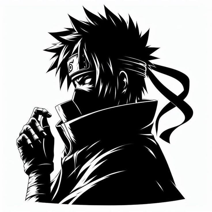 an anime character with black hair holding a knife and looking to the side, in silhouette