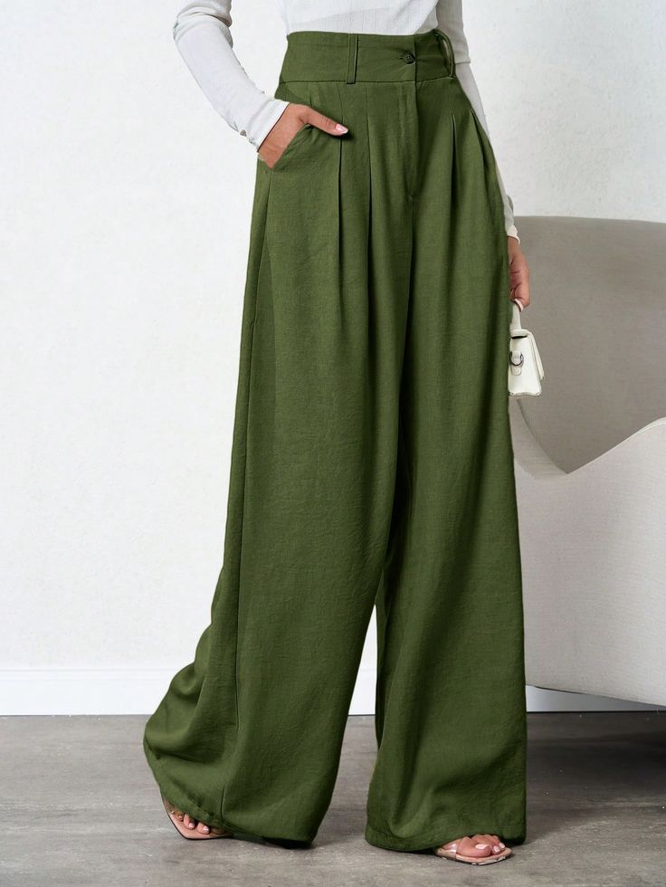 Tall Women Beige Deep Pleated Linen Pant Army Green Elegant   Woven Fabric Plain Wide Leg Non-Stretch  Women Clothing, size features are:Bust: ,Length: ,Sleeve Length: Beige Hose, Linen Pant, Trendy Shoulder Bag, Flowy Pants, Tall Women, Inspiration Mode, Grey Women, Linen Women, Linen Pants