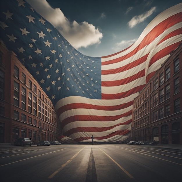 an american flag in the middle of a city street