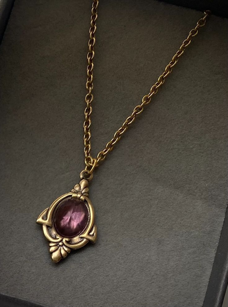 Aria Antique Gold Amethyst Necklace February Birthstone - Etsy Luxury Purple Heirloom Necklace, Antique Gold Necklaces With Vintage Charm And Oval Pendant, Antique Gold Necklace With Vintage Charm Oval Pendant, Antique Gold Necklace With Oval Pendant And Vintage Charm, Antique Gold Oval Pendant Necklace With Vintage Charm, Bronze Gemstone Brass Jewelry, Bronze Brass Jewelry With Gemstone, Vintage Oval Pendant Necklace With Antique Finish, Brass Necklace With Round Gemstone Pendant