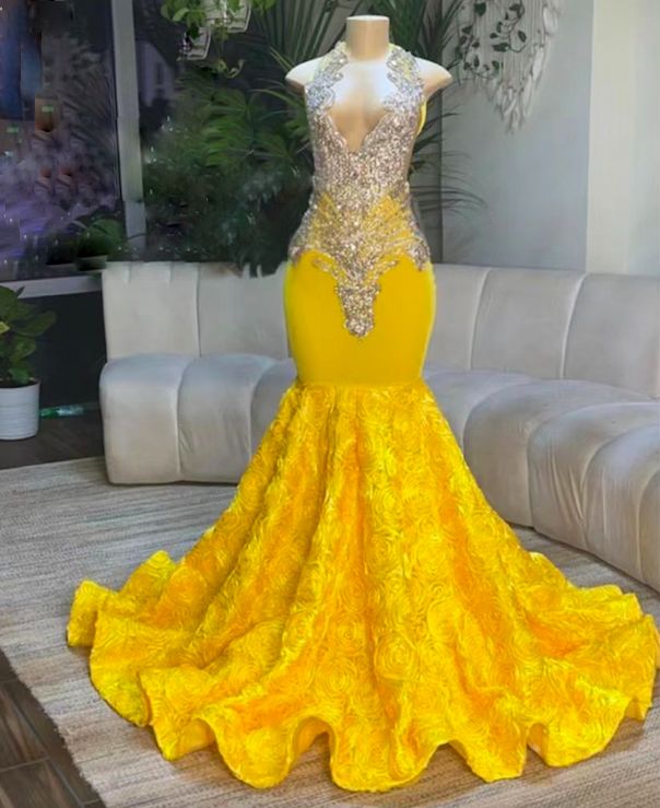 Yellow Md Dress, Prom Dresses 2023 Yellow, Yellow Prom Dresses, Glamorous Yellow Dress For Prom, Yellow Prom Dress, Yellow Prom Dresses Black Women, Prom Size Dresse Yellow And Black, Crystal Prom Dress, Halter Evening Dress