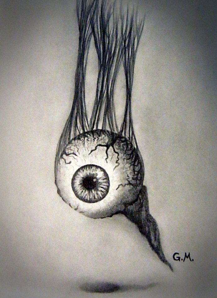 a drawing of an eyeball with hair coming out of it's irise