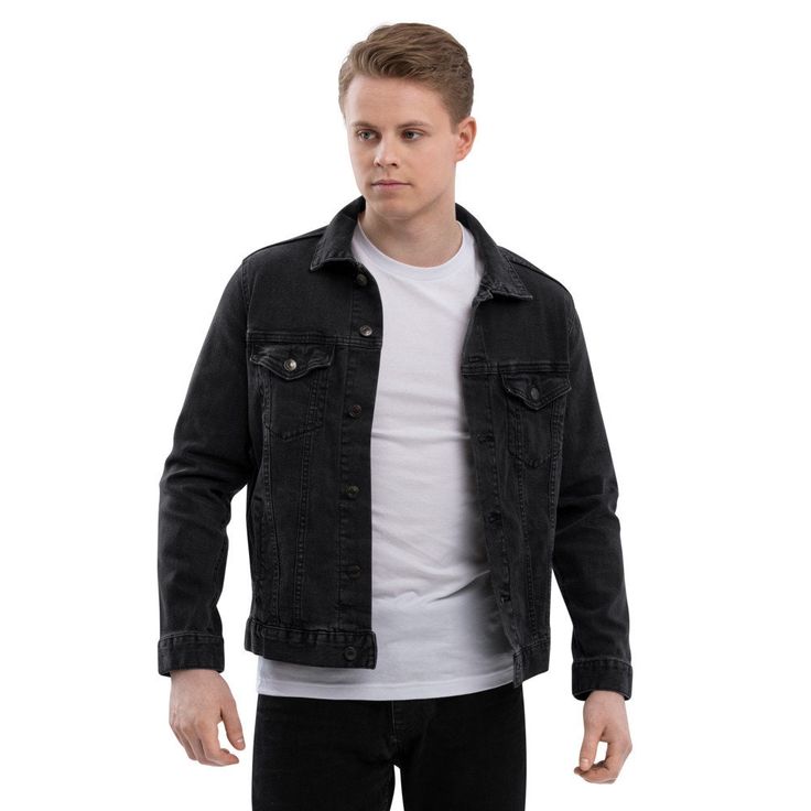 Make a fashion statement with this iconic unisex denim jacket. Pair it with a t-shirt, hoodie, or a dress--it'll look great on any occasion.  * 99% ring-spun combed cotton, 1% spandex * Fabric weight: 12 oz/yd² (407 g/m²) * Chest pockets with buttons * Blank product sourced from China Denim Jacket Man, Anime Streetwear, Embroidered Denim Jacket, Jacket Fashion, Black Denim Jacket, Denim Jacket Men, Dubstep, Embroidered Denim, Jacket Brands