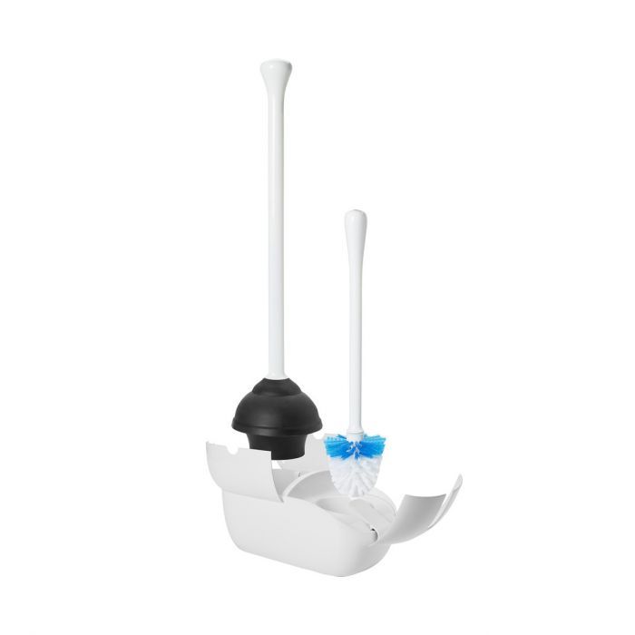 the toothbrush holder is attached to the wall and has two blue brushes in it