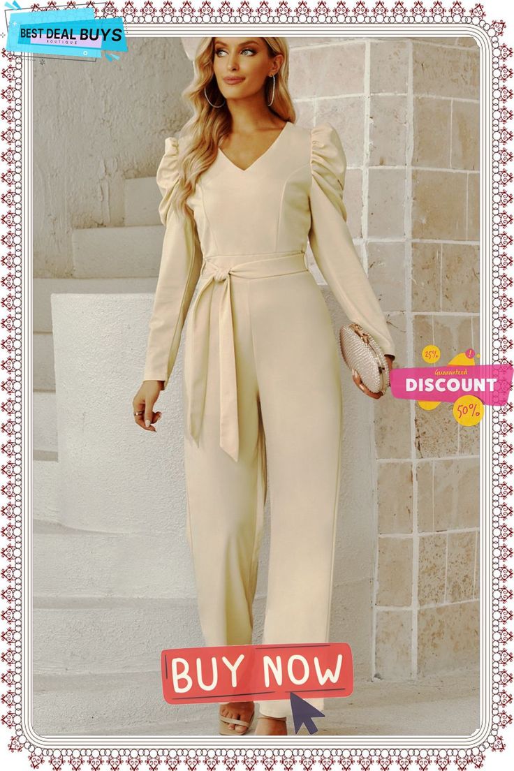 Belted Long Puff Sleeve V-neck Jumpsuit Fall V-neck Jumpsuits And Rompers In Solid Color, Fitted Solid Color Jumpsuits And Rompers With Puff Sleeves, Chic Jumpsuits And Rompers For Fall Brunch, V-neck Jumpsuits And Rompers For Fall Brunch, Fall Brunch V-neck Jumpsuits And Rompers, Fall Brunch Jumpsuits And Rompers, Spring Elegant Puff Sleeve Jumpsuits And Rompers, Elegant Spring Puff Sleeve Jumpsuits And Rompers, Elegant Spring Jumpsuit With Puff Sleeves