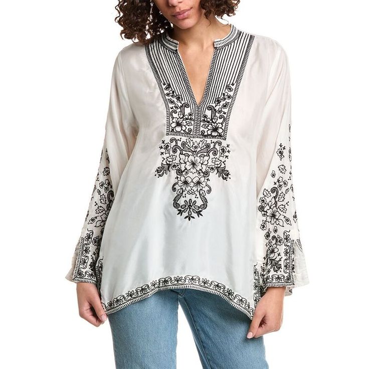 About The Brand: Eclectic, Boho Vibes With A Vintage Flare. Natural Tempest Blouse In Natural With Embroidered Design, Split Neckline, Split Cuffs And Side Slits At Hem Approximately 28in From Shoulder To Hem 65% Cupra, 35% Rayon Hand Wash Imported White V-neck Rayon Top, Silk V-neck Top With Embroidery, Casual Silk V-neck Tops, Silk V-neck Top For Vacation, Bohemian Silk V-neck Top, Chic White V-neck Embroidered Top, Silk Blouse For Vacation, Silk Summer Tops With Floral Embroidery, Bohemian Tunic Blouse In Viscose