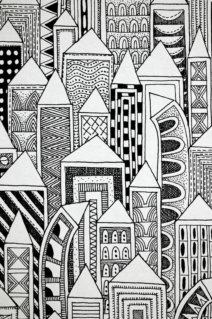 black and white drawing of cityscape with lots of buildings in the background, on a piece of paper