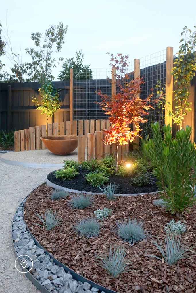 an outdoor garden with various plants and trees