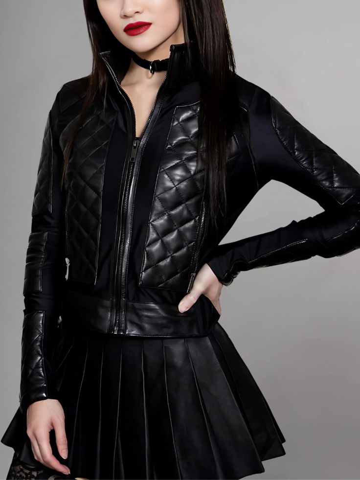 Make a bold statement with the Short Body Leather Jacket for Women in Black. This sleek and stylish jacket is the epitome of edgy sophistication, offering a modern take on a classic wardrobe staple. Crafted from high-quality leather and featuring a tailored silhouette, this jacket is designed to flatter your figure and elevate any ensemble. The standout feature of this jacket is its short body length, which adds a contemporary twist to the traditional leather jacket. This cropped style creates a Modern Fitted Outerwear With Zipper Closure, Black Gothic Leather Jacket, Modern Fitted Biker Jacket For Streetwear, Modern Fitted Leather Biker Jacket, Fitted Gothic Leather Jacket, Sleek Fitted Biker Jacket With Long Sleeves, Fitted Leather Outerwear For Night Out, Gothic Black Outerwear With Zipper Closure, Black Gothic Outerwear With Zipper Closure