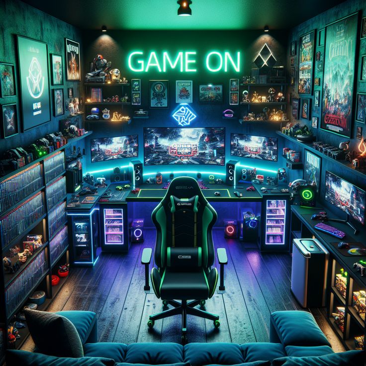 A trendy man cave showcasing deep blue and green walls and a state-of-the-art gaming setup. Includes a neon 'Game On' sign, gaming collectibles, sofa, snack-loaded fridge, and organized game stacks. 
#ManCave #GamingRoom #HomeDecor #VideoGames #InteriorDesign #GamerLife Streamer Room Ideas, Blue Gaming Room, Gaming Desk Setup Ideas, Aesthetic Gaming Room, Game Streamer, Desk Setup Ideas, Neon Game, Ultimate Gaming Setup, Setup Pc