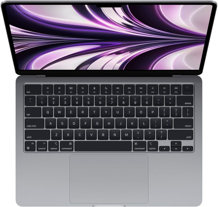 an apple macbook pro laptop with its keyboard open and purple swirls on the screen