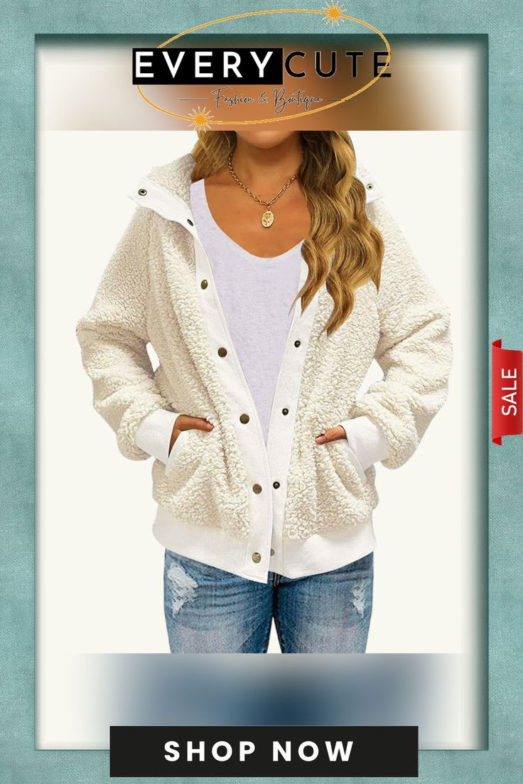 Womens Winter Sherpa Fleece Button Jacket Coat Cozy Long Sleeve Outerwear With Buttons, Cozy Long Sleeve Outerwear With Button Closure, Button-up Outerwear For Cold Weather, Cozy Outerwear With Buttons For Cold Weather, Winter Outerwear With Buttons And Long Sleeves, Winter Outdoor Fleece Jacket With Button Closure, Long Sleeve Outerwear With Button Closure For Cold Weather, White Buttoned Pockets Outerwear For Winter, Cozy Winter Fleece Jacket With Button Closure