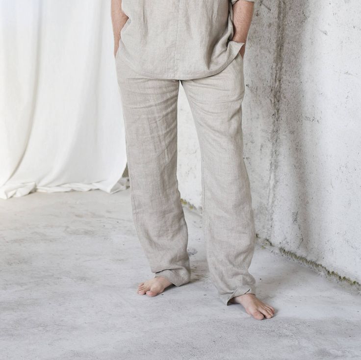 * 100% soft linen * Elastic waistband * Handmade in Slovakia * Model is 184 cm height, wearing size L - altered length (115 cm), color: natural Measurments: Size M Body: High: 170-175 Bust: 94-101 Waist: 82-90 Hips: 96-104 - cloth (laying on the floor): Elastic waistband 80-92 cm Outer seam of the pants: 105 ------------------------------------------------- Size L Body: High: 176-181 Bust: 102-109 Waist: 90-96 Hips: 105-113 - cloth (laying on the floor): Elastic waistband 88-98 cm Outer seam of Full Length Linen Bottoms For Loungewear, Linen Loungewear Pants Full Length, Relaxed Fit Full-length Linen Bottoms, Relaxed Fit Full Length Linen Bottoms, Linen Long Pants For Loungewear, Relaxed Fit Linen Bottoms Full Length, Relaxed Fit Neutral Color Pants, Relaxed Fit Flax Bottoms With Straight Leg, Summer Linen Bottoms For Relaxation