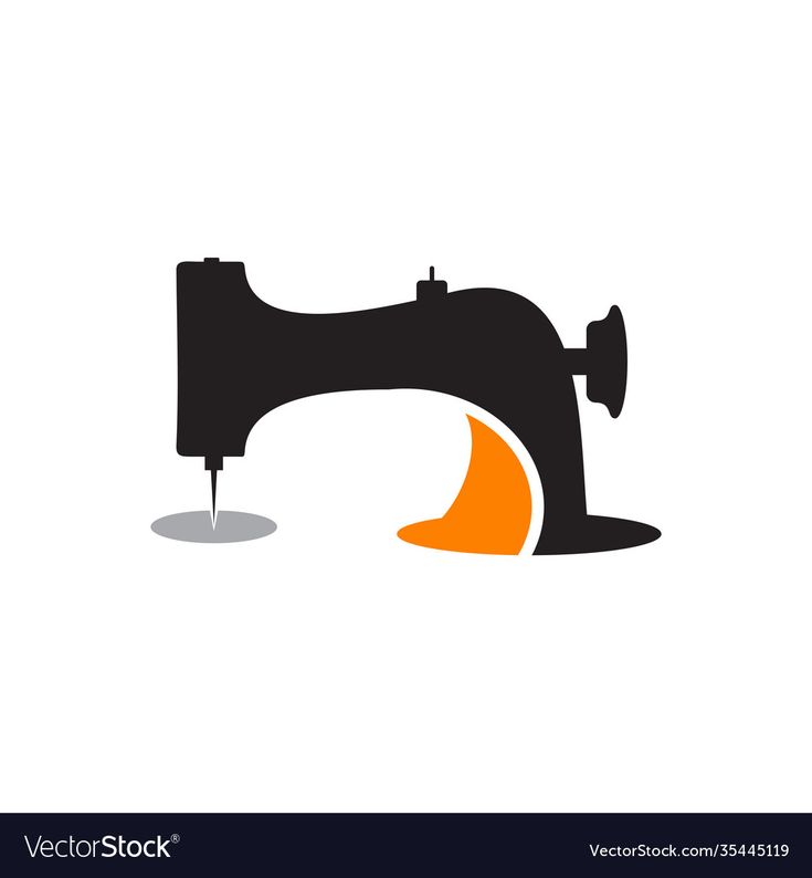 a sewing machine with an orange circle on the bottom and black silhouettes behind it