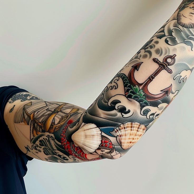 Nautical themed arm tattoos with anchor, ship wheel, and seashells - intricate skin art design Ship Wheel Tattoo Design, Feminine Nautical Tattoo Sleeve, Wheel Tattoo Design, Nautical Themed Tattoos, Ship Wheel Tattoo, Seashell Tattoo, Nautical Tattoo Sleeve, Wheel Tattoo, Themed Tattoos