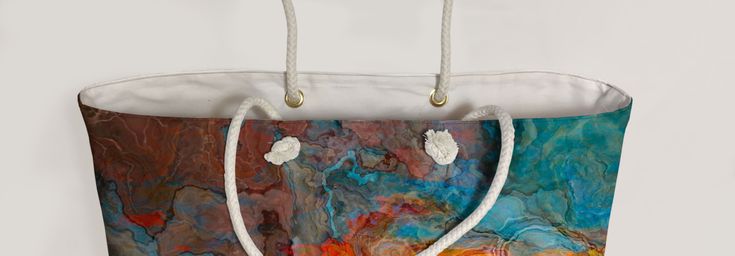 "My Oversized Rope Handle Tote is perfect for a day at the beach, a weekend getaway or out on the town. The wide-mouthed, durable bag with my abstract art holds a generous amount of your gear and is easily held by the thick rope handles. - All Over Print - Flat T-Bottom - Cream Colored 27\" Rope Handles - Metal Grommets - Cream Sheeting Interior Lining - 24 in wide, 13 in tall, 5 in deep They are individually printed with my abstract art using the most advanced digital printing technology. Dye-s Artistic Summer Bags For Everyday Use, Bohemian Canvas Shoulder Bag For Beach, Artistic Shoulder Bag For Summer Travel, Bohemian Beach Bag Made Of Canvas, Summer Canvas Bag With Adjustable Strap For Beach, Summer Canvas Beach Bag With Adjustable Strap, Artistic Summer Shoulder Bag For Daily Use, Artistic Shoulder Bag For Daily Summer Use, Canvas Beach Bag With Adjustable Strap