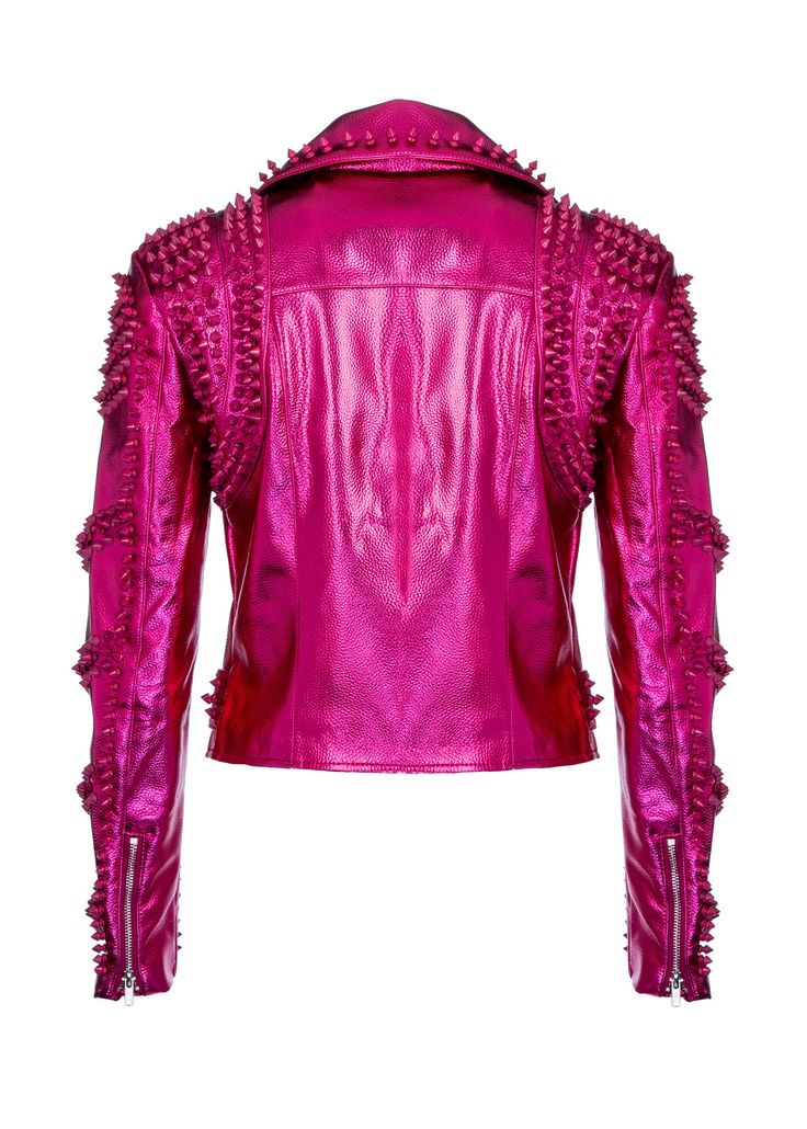 Take the past to the present with this pink metallic moto jacket! This faux leather piece features a pink metallic base, tonal spike studded detailing, silver hardware, a lapel collar, long sleeves and a zip front design. Complete with slant side zipper pockets, an adjustable studded waist belt, satin inner lining, and a faux front flap pocket. Available in sizes S, M, L and XL. Made out of 100% polyurethane (self) and 100% polyester (lining). Bring effortless edge to your style with this flawle Leather Pieces, Moto Jacket, Front Design, Biker Jacket, Ruffle Blouse, Faux Leather, Long Sleeve, Pink, Women's Top