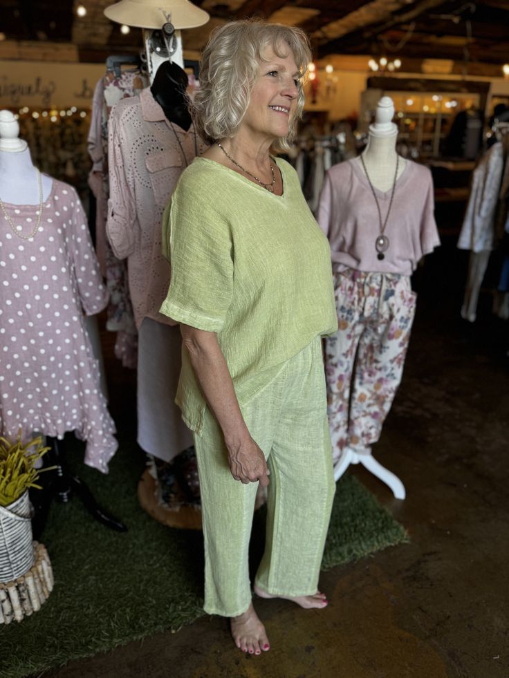 Experience all-day comfort with our Gauze/Linen Pants. Made with a unique blend of half gauze and half linen, these pants offer superior breathability. Perfect for any occasion, you'll love the comfortable feel of these pants. Lime Green 50% Cotton, 50% Linen Comfortable Spring Pants For Relaxation, Comfortable Pants For Relaxation And Spring, Spring Relaxation Comfortable Pants, Comfortable Linen Harem Pants For Spring, Summer Cotton Pants For Relaxation, Cotton Pants For Summer Relaxation, Summer Relaxation Bottoms With Straight Leg, Summer Straight Leg Bottoms For Relaxation, Relaxed Pants For Spring Relaxation