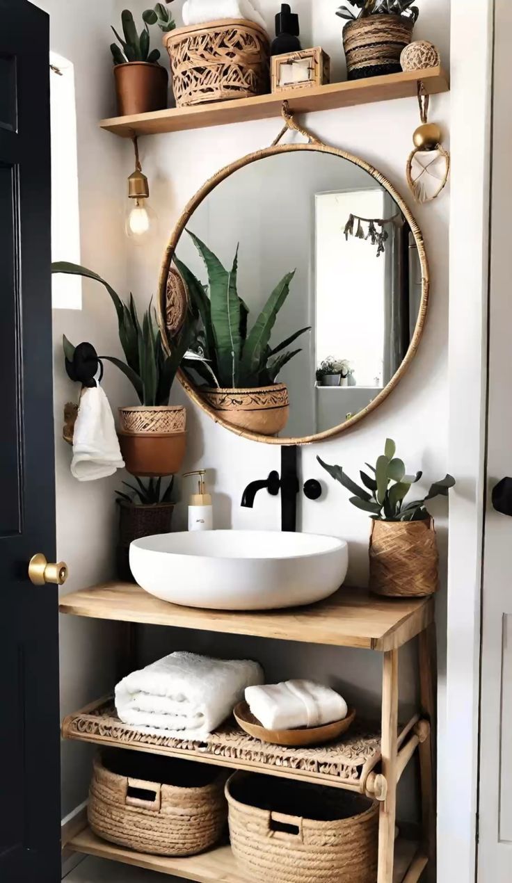 a bathroom with a sink, mirror and shelves filled with plants on the wall above it