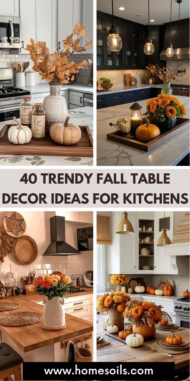 four pictures with pumpkins, flowers and candles in them on top of a kitchen counter