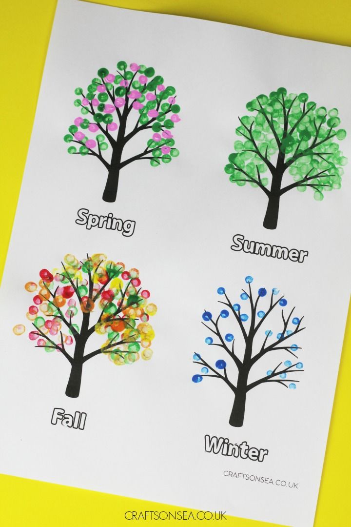 four different types of trees with the words spring, fall and winter written on them