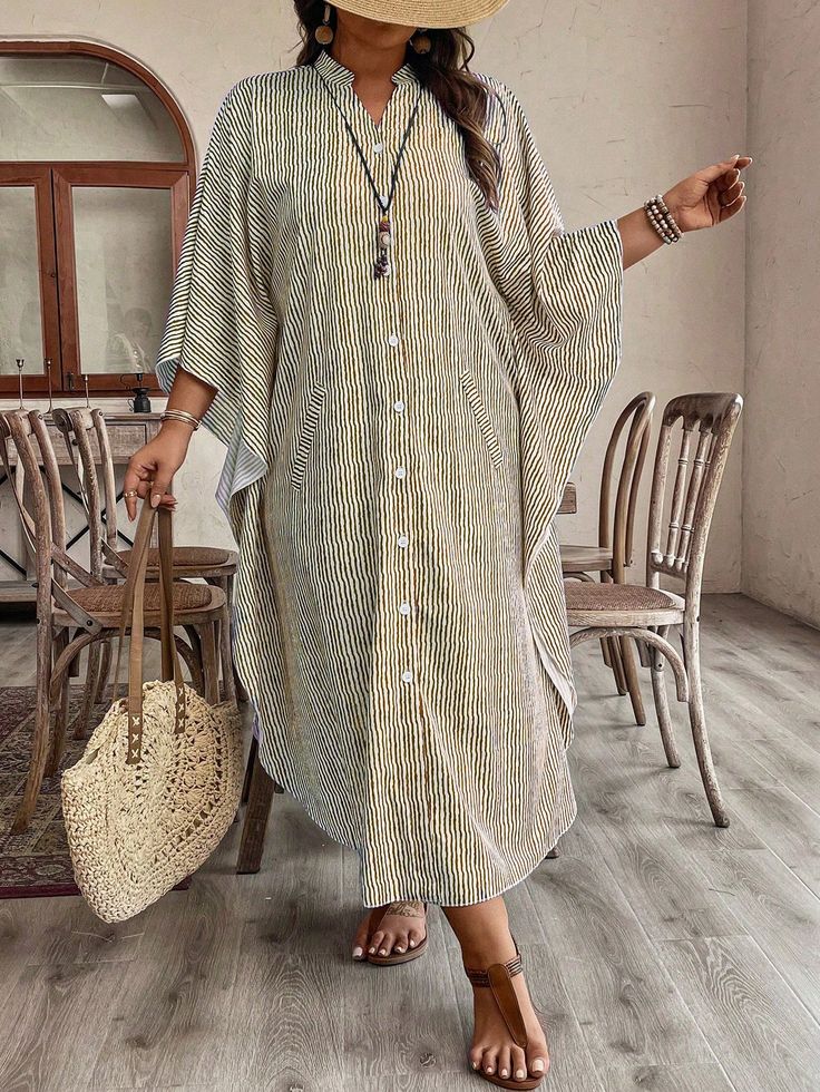 Plus Size Vacation Casual Striped Notched Neck Batwing Sleeve Button Front Dress Burnt Orange   Half Sleeve Woven Fabric Striped Shirt,Kaftan Non-Stretch  Women Plus Clothing, size features are:Bust: ,Length: ,Sleeve Length: Kaftan Shirts Women, Beach Button-up Maxi Dress With Buttons, Button-up Maxi Dress For Beach, Button-up Maxi Dress For The Beach, Bohemian Buttoned Maxi Dress For Beach, Bohemian Beach Maxi Dress With Buttons, Bohemian Button-up Vacation Dresses, Bohemian Button-up Dresses For Vacation, Casual Long Maxi Dress With Buttons